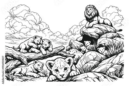 Majestic Lion Family Pride Resting on Rocks Vector Illustration, Hand Drawn Vintage Woodcut Style Featuring Lion Cubs and Lioness in an Engraving Design.