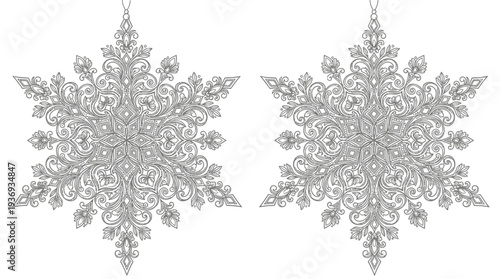 Two Intricate Grayscale Mandala Snowflake Patterns as Design Elements on Isolated White Background
