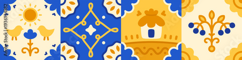 Ukrainian Folk Art Tiles Set, Blue and Yellow Vector Illustrations with Bird, House, Sun, and Berries