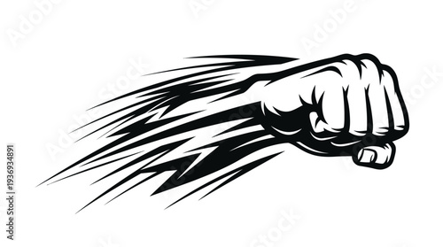 Dynamic Fist Punching Movement with Radiating Speed Lines on Isolated White Background