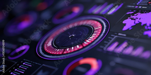 AI powered risk management dashboard with futuristic digital interface showing data visualization and analytics in purple and red tones, conveying innovation and control