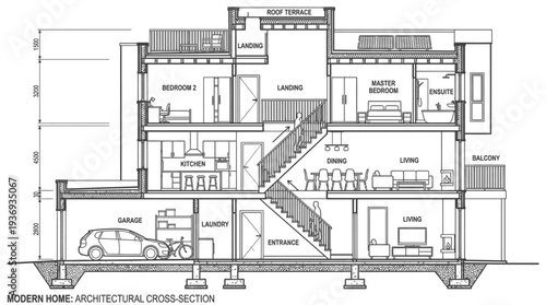 Multi-Story Residential Building Architectural Cross-Section Blueprint with Kitchen and Master Bedroom