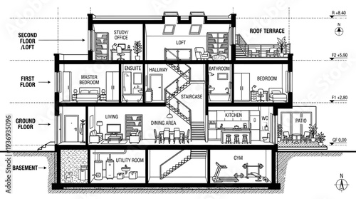 Detailed Architectural Blueprint of Multi-Story House Floor Plan, Technical Drawing of Home Layout with Rooms