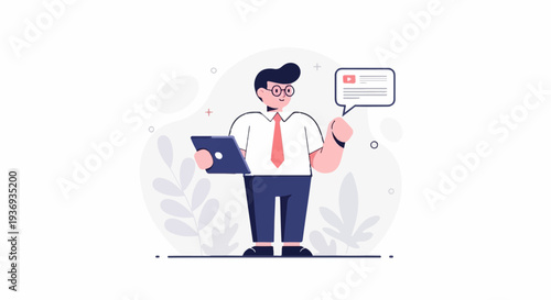 Cartoon man in white shirt and red tie holds tablet and gestures towards speech bubble