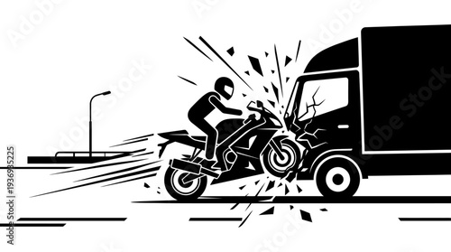 Dynamic Black and White Motorcycle Collision with Semi-Truck on a Road, Urgent Vehicle Accident Scene