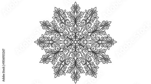 Intricate Black Outline Mandala Floral Pattern Isolated White Background; Symmetrical Ornamental Decorative Design