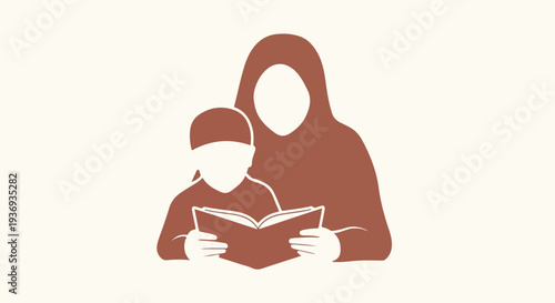 Muslim mother and child reading a book together, symbolizing family education, Islamic learning, and bonding. Minimalist vector illustration.