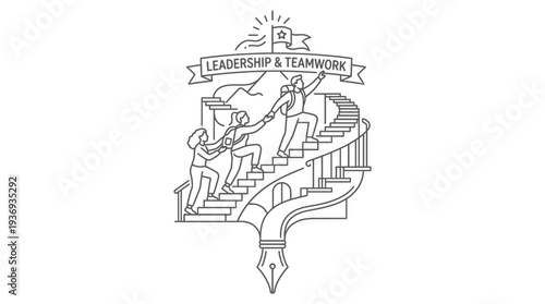 Group of People Climbing Spiral Ink Pen Staircase Under Leadership and Teamwork Banner in Bright Studio Background; Concept of Collaborative Progress