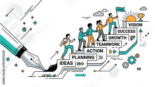 Diverse Team Climbing Colorful Ink Pen Steps Through Ideas, Planning, Action, Teamwork, Growth Towards Vision and Success Trophy in Bright Studio Background; Vibrant Business Strategy