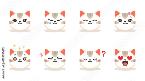 Cute Cat Face Expression Flat Icon Set