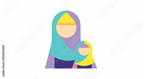 Mother and Daughter Wearing Hijabs, Islamic Family, Muslim Women, Cultural Representation, Simple Flat Design