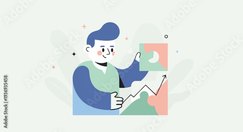 A stylized character holds puzzle pieces near a rising graph, symbolizing progress