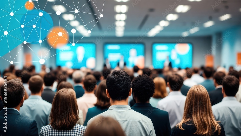 Fototapeta premium Business professionals attending digital technology conference in modern auditorium with futuristic screens and warm lighting