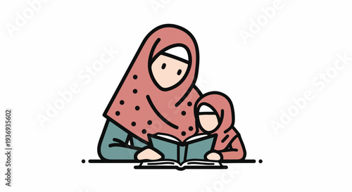 Muslim mother and daughter wearing hijab reading a book together, illustration, education, family bonding, Islamic culture