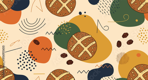 Hot Cross Buns Seamless Pattern: Modern Memphis Style Background for Easter Celebration