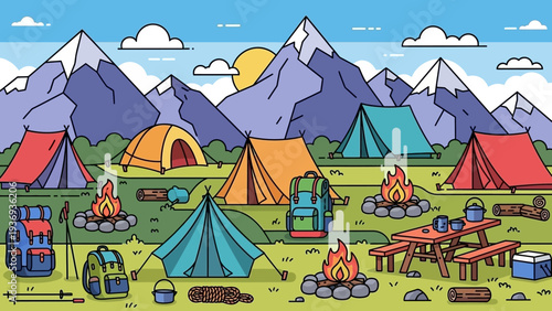 Mountain Camping Scene: Tents, Campfires, Backpacks, and Picnic Table