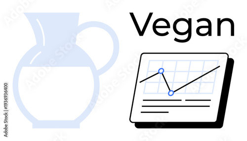 Pitcher of vegan milk next to a growth graph. Ideal for business, nutrition, veganism, sustainability, analysis, eco-friendly lifestyle, healthy living. Simple flat metaphor