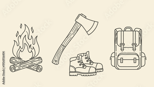 Camping Gear Icons: Bonfire, Axe, Boots, Backpack - Outdoor Adventure Elements