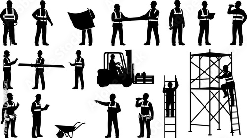 Construction workers silhouettes illustration, diverse tasks, safety vests, hard hats, teamwork on building site, scaffolding, forklift operation, blueprint reading, construction industry labor roles,