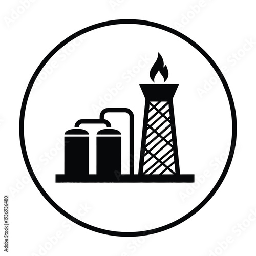 Modern industrial facility illustration combining storage tanks smokestack with flame and crosshatched chimney within a circular frame for energy sector presentations