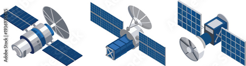 Isometric Communication Satellite Vector Set – Modern Space Technology & Solar Panel Design .