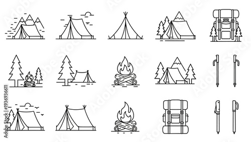 Camping Icons: Tents, Campfires, Backpacks, Mountains & Trekking Poles