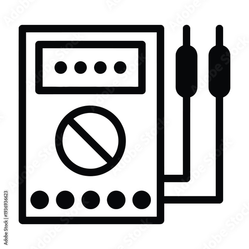 Minimalist black and white icon of a warning device with audio output jacks connected to a control panel featuring prohibition symbol and indicator lights
