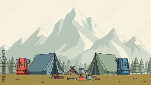 Mountain Camping Scene: Tents, Backpacks, and Campfire Gear with Snowy Peaks Background