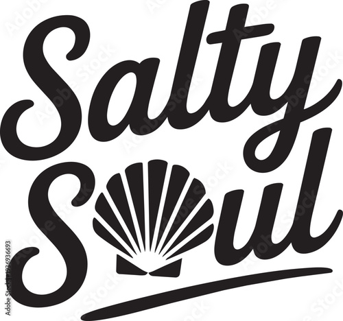 Salty soul phrase with seashell graphic, representing beach vibes, ocean love, and free spirit