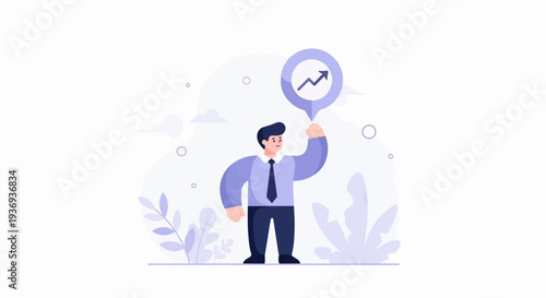 A stylized man in a suit holds a speech bubble with an upward trending arrow