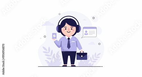 A stylized cartoon person in headphones and a tie, holding a phone and a briefcase
