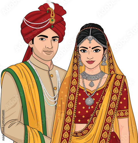 Beautiful cartoon illustration of an Indian wedding couple in traditional ethnic bridal wear with red lehenga and turbaned groom standing,