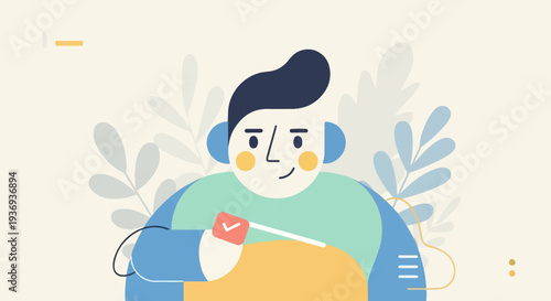 A cheerful cartoon person wearing headphones and holding a stylus, interacting with a digital screen