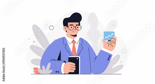 Business professional with smartphone and growth chart card