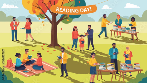 Diverse People Enjoying Outdoor Reading Day Event in Autumn Park