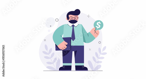 Stylized businessman in a suit and tie holds a dollar coin and a folder, with abstract elements