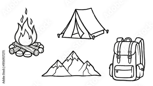 Camping Adventure Icons: Tent, Bonfire, Mountains, Backpack - Hand Drawn Sketch