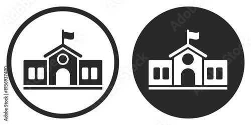 Educational School Building Icon with Clock and Flag in Circle, professional vector pack featuring school, university, and campus symbols, circular design with clock and flag, ideal for educational 