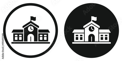 Educational School Building Icon with Clock and Flag in Circle, vector illustration symbolizing academic institutions, universities, campuses, and primary education facilities, isolated flat design 