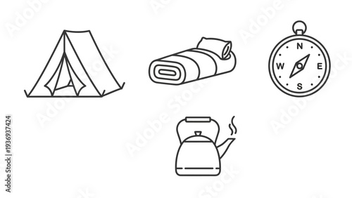 Camping Gear Icons: Tent, Sleeping Bag, Compass, Kettle