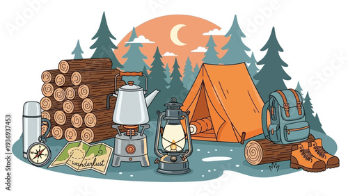 Camping Adventure Gear: Tent, Lantern, Stove, Backpack, Wood, Moonlit Forest