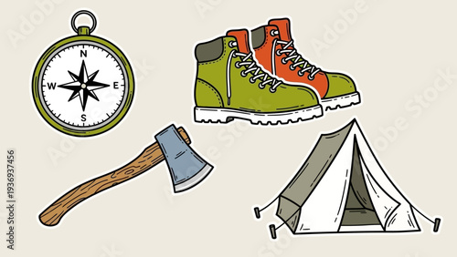 Camping Gear: Tent, Boots, Axe, and Compass - Outdoor Adventure Icons