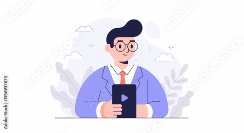 A person in a blue suit and glasses holds a tablet with a play button icon