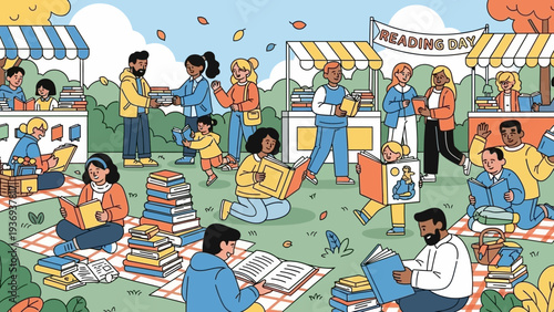Diverse People Enjoying Reading Outdoors at Book Fair Event