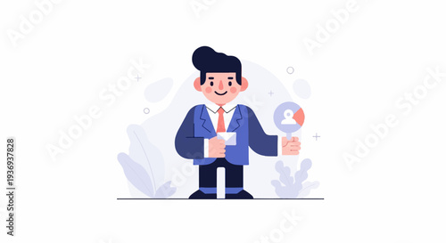 A businessman in a suit holds a magnifying glass with a profile icon, representing recruitment