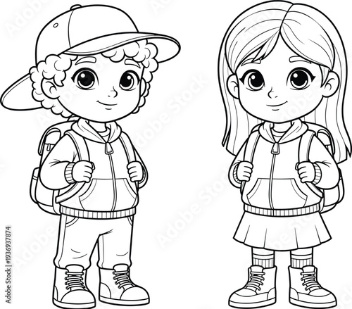 Cute school children coloring page with boy in baseball cap and girl in skirt wearing backpacks and hoodies, educational illustration