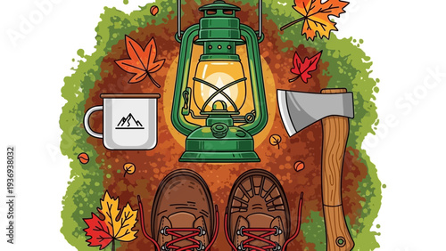 Autumn Camping Gear: Lantern, Boots, Axe, Mug, Fall Leaves