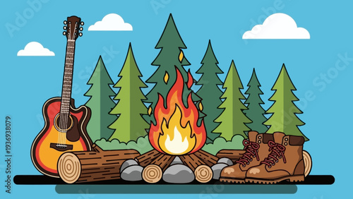 Campfire, Guitar, Hiking Boots & Forest - Outdoor Adventure Illustration