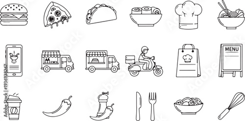Restaurant and street food line icon collection. Editable stroke vector symbols for fast food, world cuisine, delivery services, takeaway menus and food branding..eps
