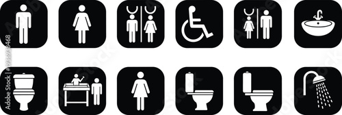 Restroom icon set with male, female, disabled access, baby changing station, toilet, shower, and sink symbols for